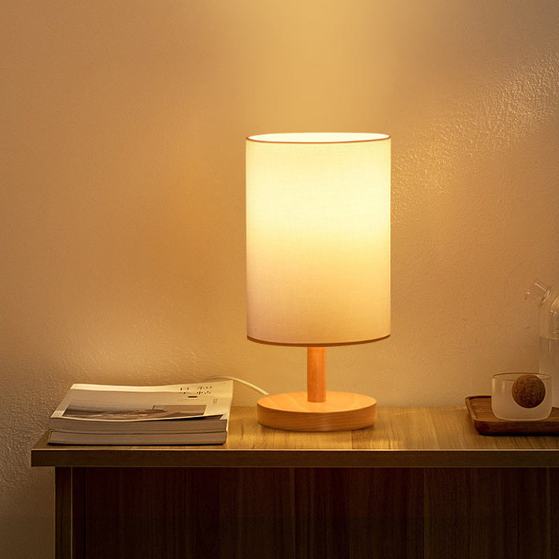 Traditional Japanese Cylinder Wood & Fabric Table Lamp