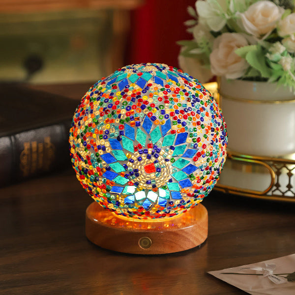 Creative Bohemian Wood Base Colorful Glass Ball Table Lamp