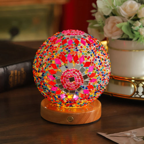 Creative Bohemian Wood Base Colorful Glass Ball Table Lamp