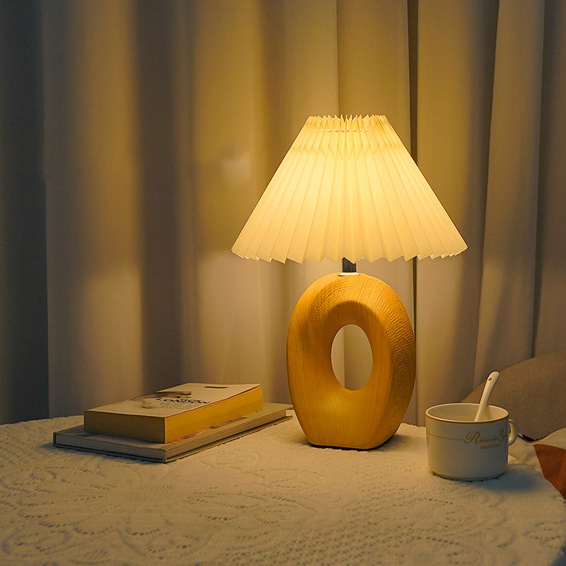 Traditional Japanese Pleated Fabric Shade Wood Table Lamp