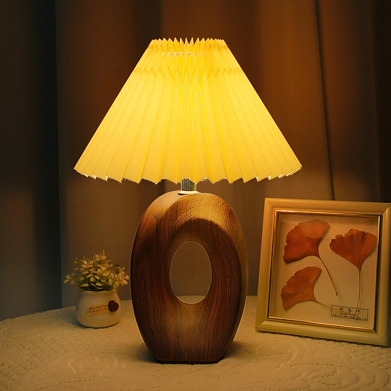 Traditional Japanese Pleated Fabric Shade Wood Table Lamp