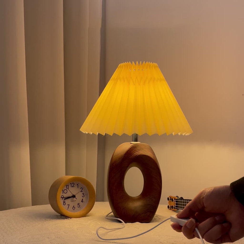 Traditional Japanese Pleated Fabric Shade Wood Table Lamp
