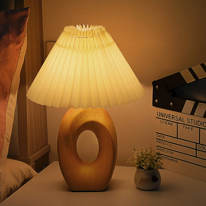 Traditional Japanese Pleated Fabric Shade Wood Table Lamp