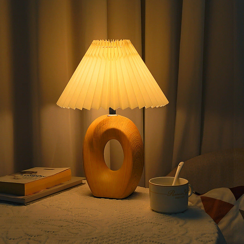 Traditional Japanese Pleated Fabric Shade Wood Table Lamp