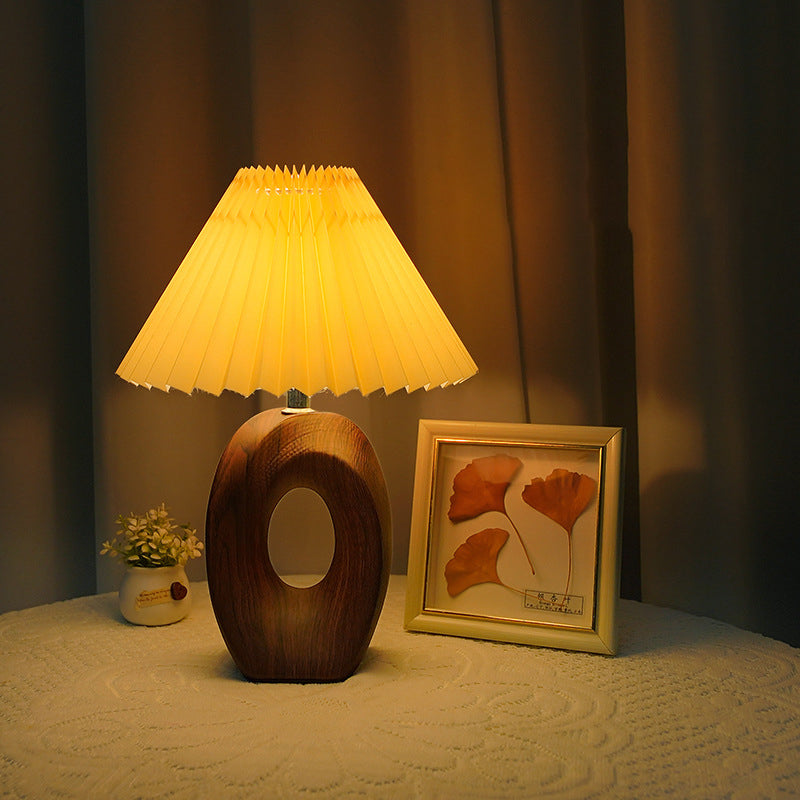 Traditional Japanese Pleated Fabric Shade Wood Table Lamp