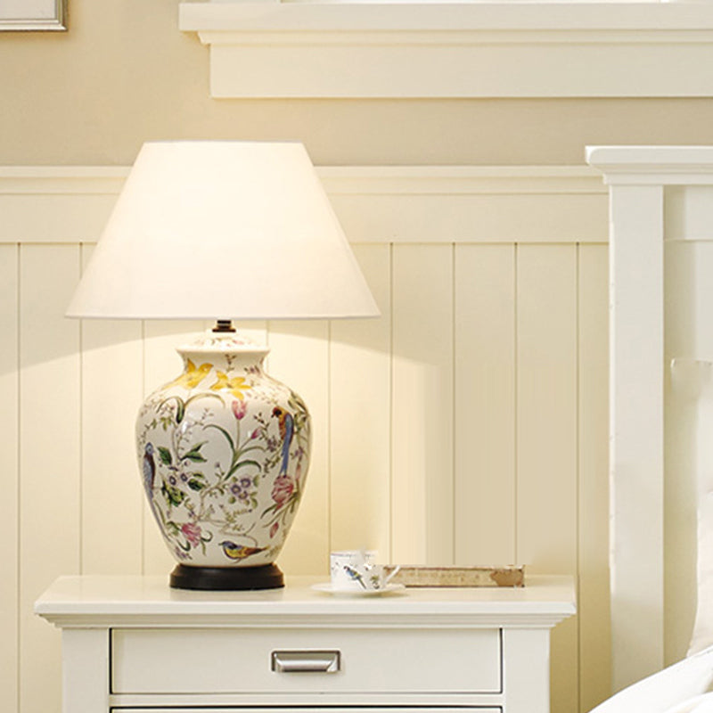 Traditional Rustic Bird Flower Oval Prism Fabric Table Lamp