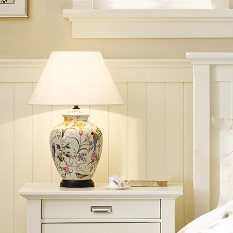 Traditional Rustic Bird Flower Oval Prism Fabric Table Lamp