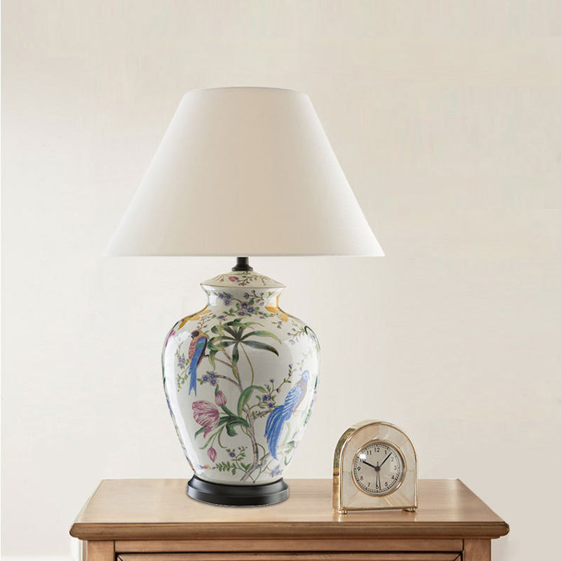 Traditional Rustic Bird Flower Oval Prism Fabric Table Lamp