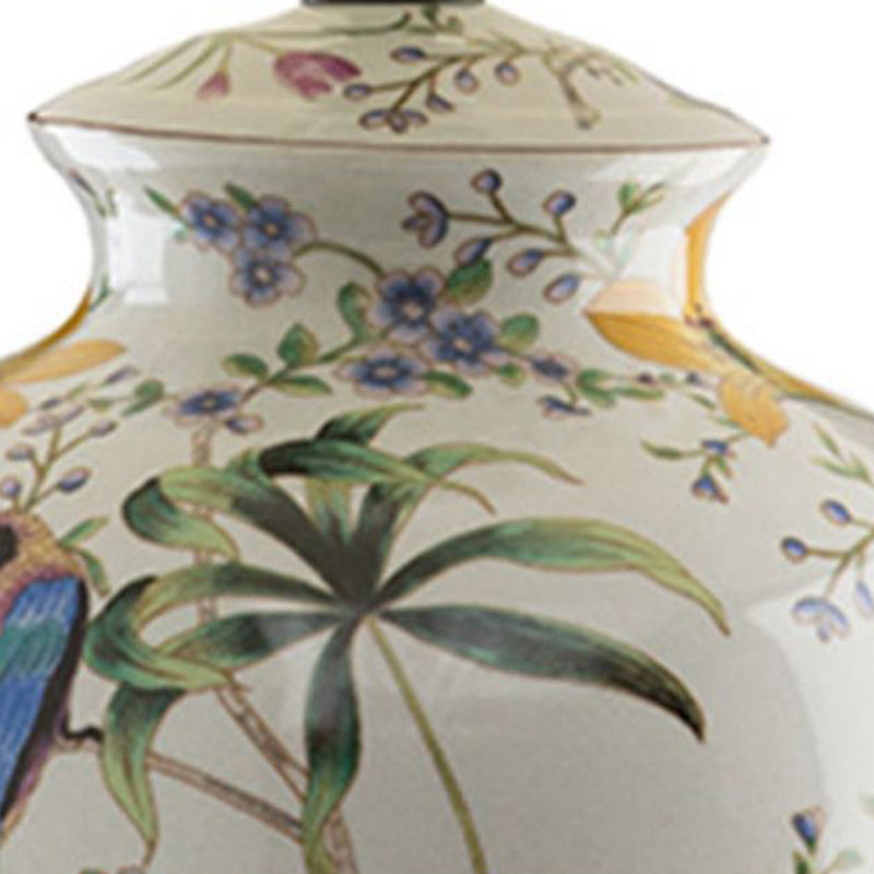 Traditional Rustic Bird Flower Oval Prism Fabric Table Lamp
