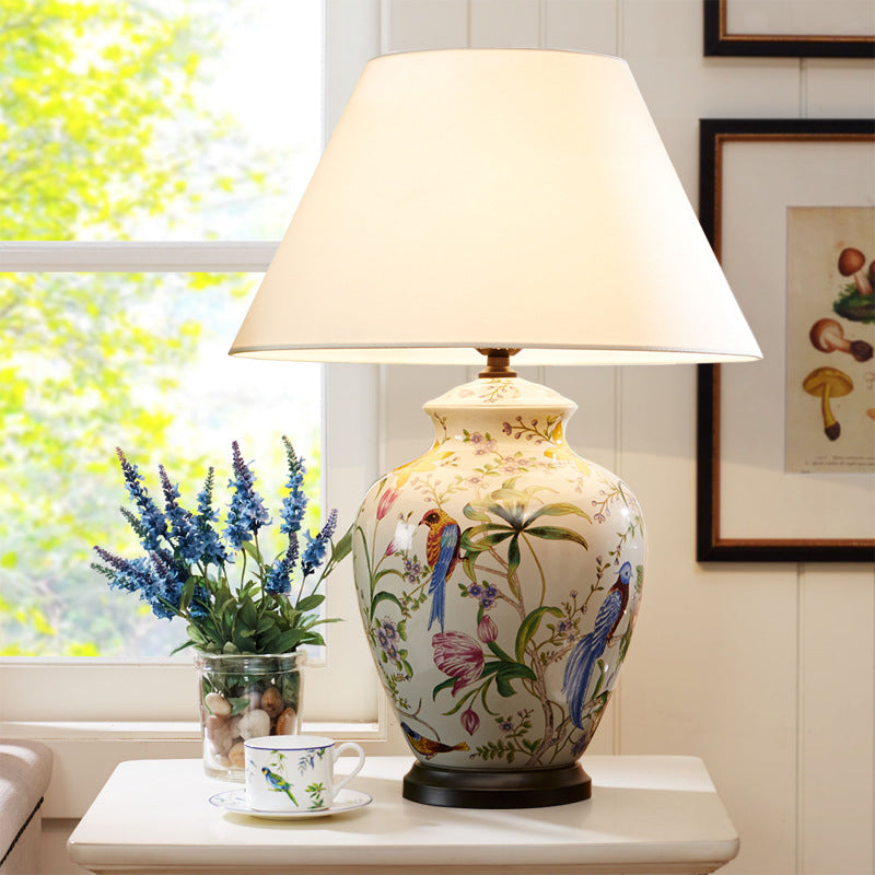 Traditional Rustic Bird Flower Oval Prism Fabric Table Lamp