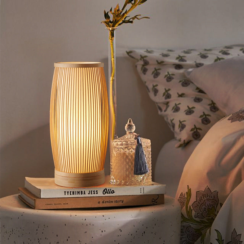 Traditional Japanese Cylinder Bamboo Wood 1-Light Table Lamp