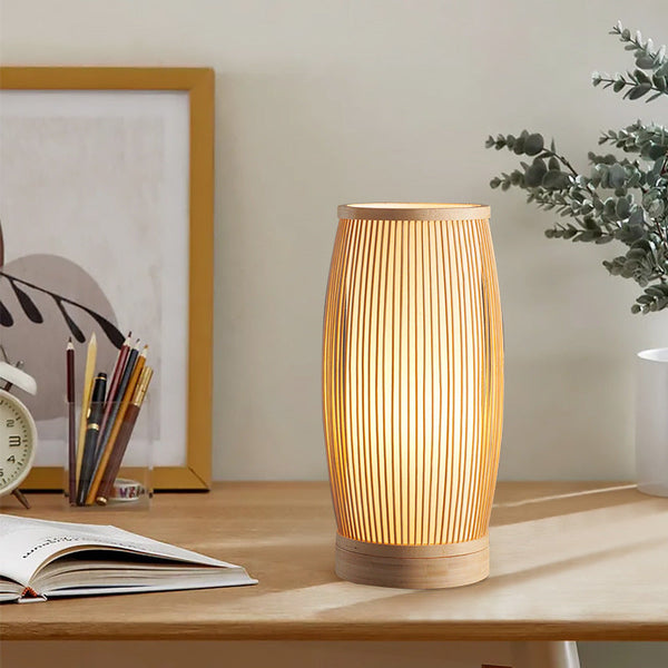 Traditional Japanese Cylinder Bamboo Wood 1-Light Table Lamp