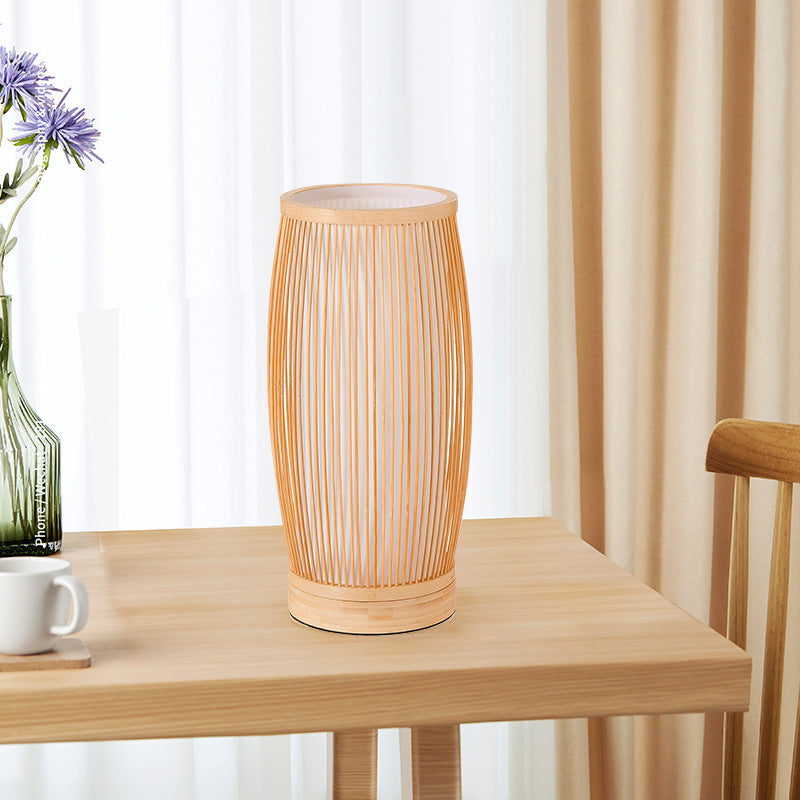 Traditional Japanese Cylinder Bamboo Wood 1-Light Table Lamp