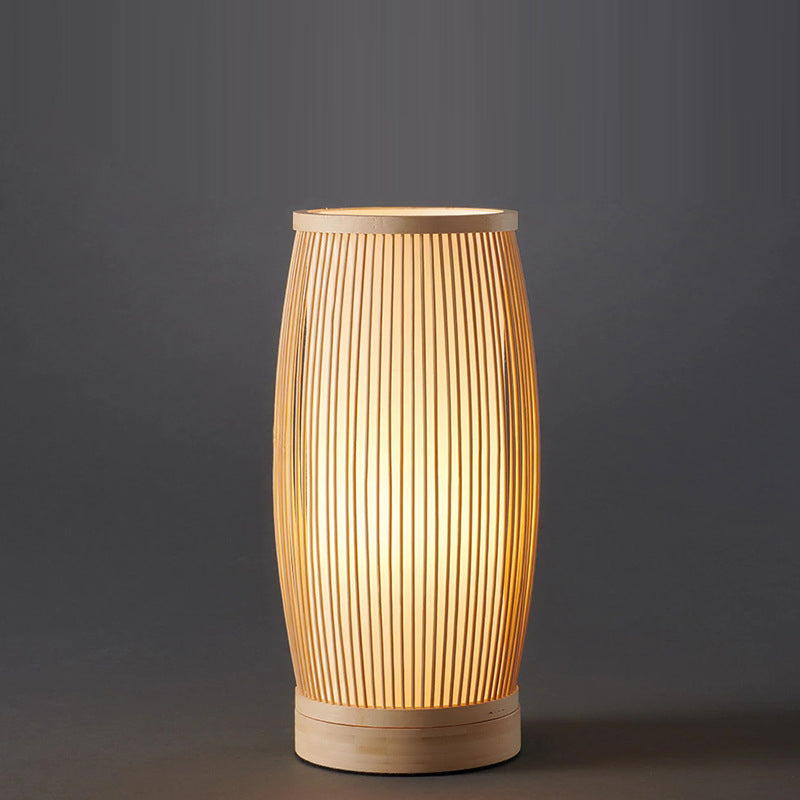 Traditional Japanese Cylinder Bamboo Wood 1-Light Table Lamp