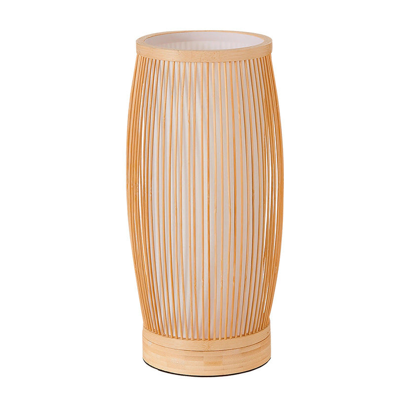 Traditional Japanese Cylinder Bamboo Wood 1-Light Table Lamp