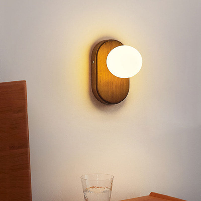 Traditional Japanese Wood Glass Round 1-Light Wall Sconce