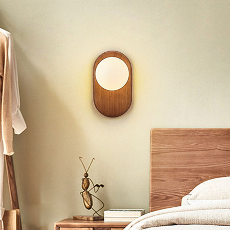 Traditional Japanese Wood Glass Round 1-Light Wall Sconce