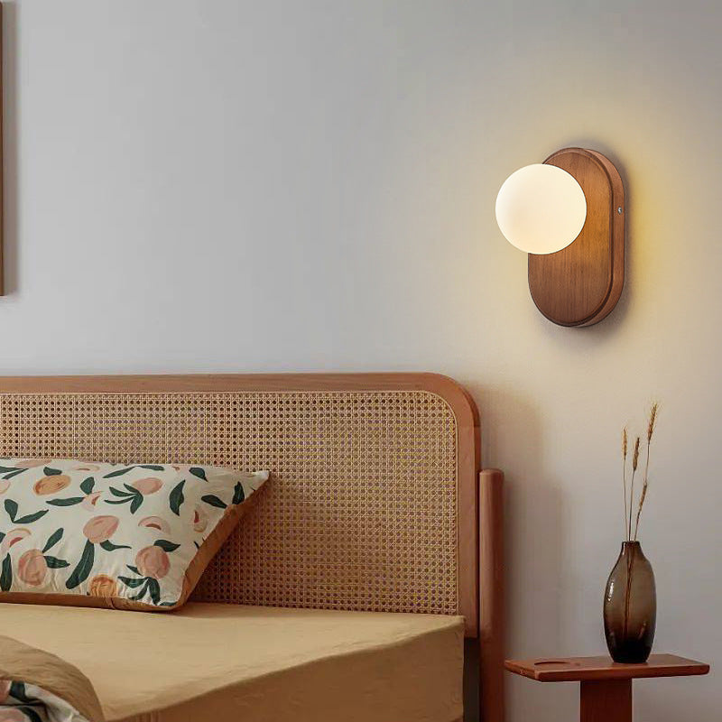 Traditional Japanese Wood Glass Round 1-Light Wall Sconce