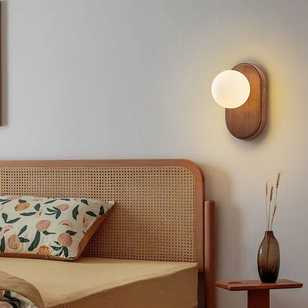 Traditional Japanese Wood Glass Round 1-Light Wall Sconce