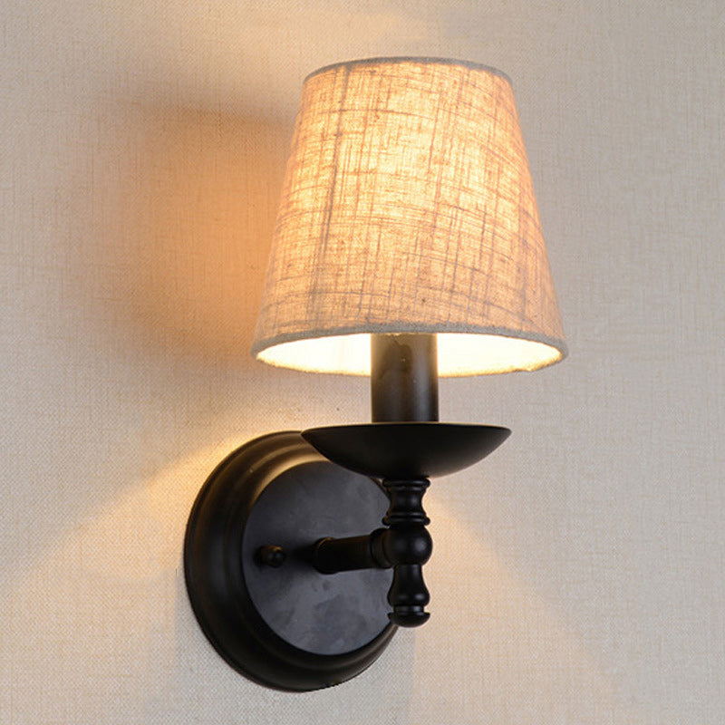 Traditional Rustic Round Cylinder Fabric Iron Wall Sconce