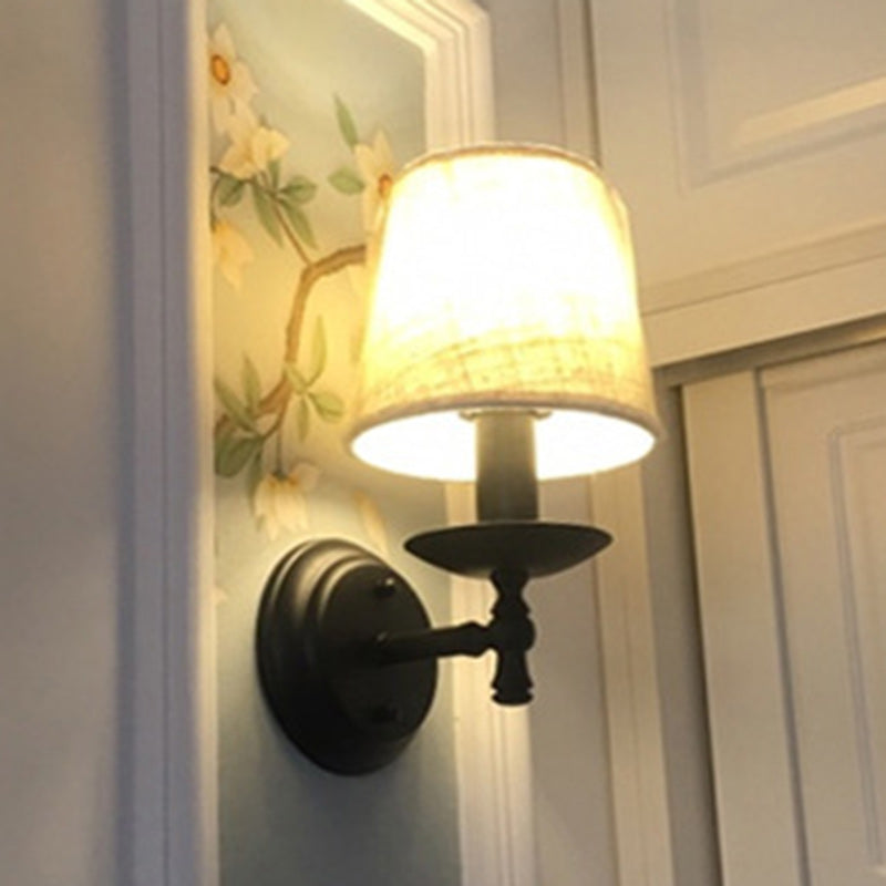 Traditional Rustic Round Cylinder Fabric Iron Wall Sconce