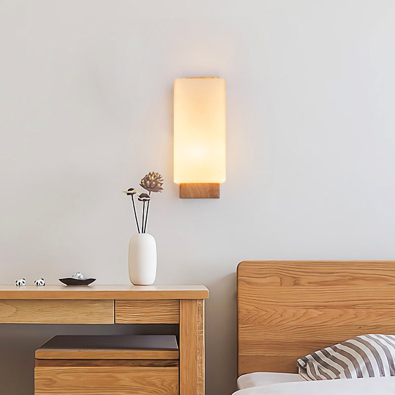 Traditional Japanese Rectangle Glass Wood Wall Sconce