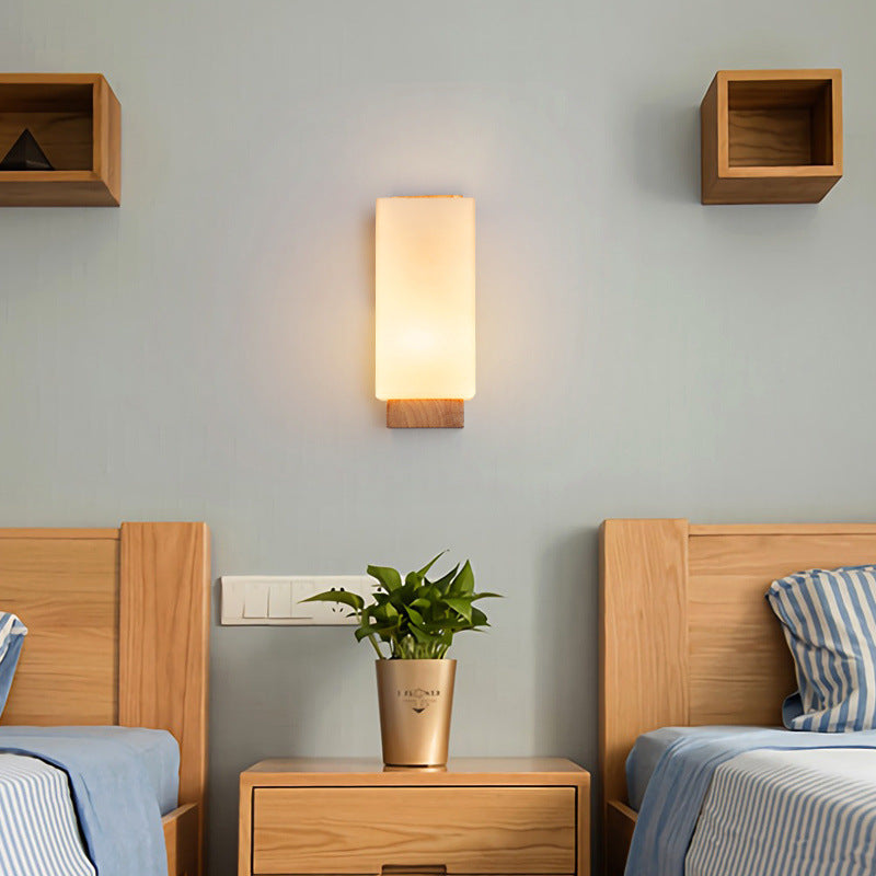 Traditional Japanese Rectangle Glass Wood Wall Sconce