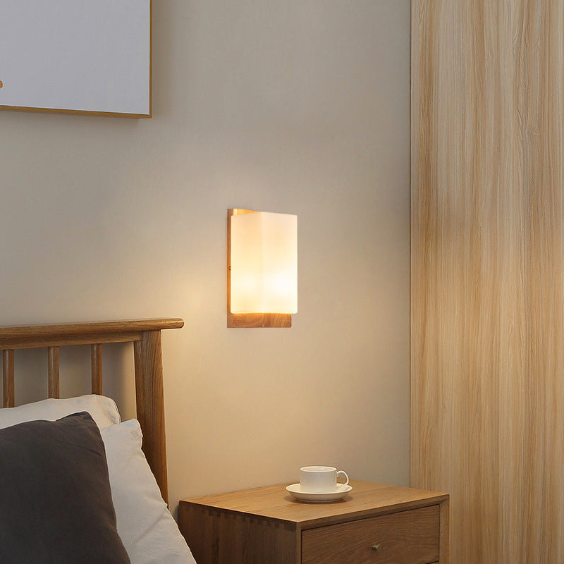 Traditional Japanese Rectangle Glass Wood Wall Sconce