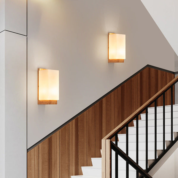 Traditional Japanese Rectangle Glass Wood Wall Sconce