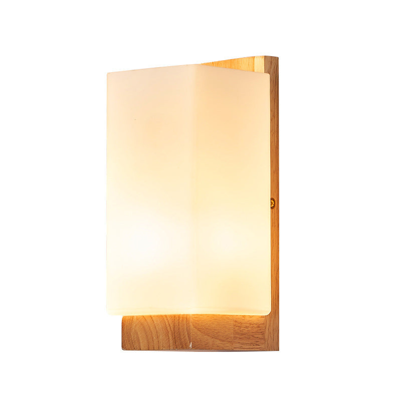 Traditional Japanese Rectangle Glass Wood Wall Sconce