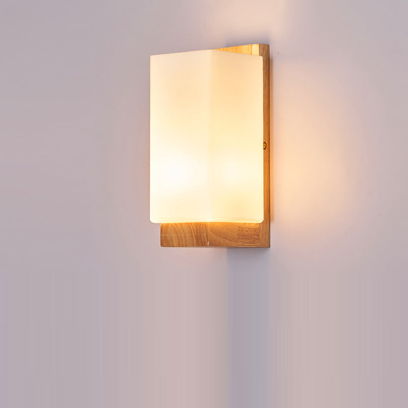 Traditional Japanese Rectangle Glass Wood Wall Sconce