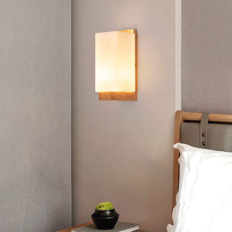Traditional Japanese Rectangle Glass Wood Wall Sconce