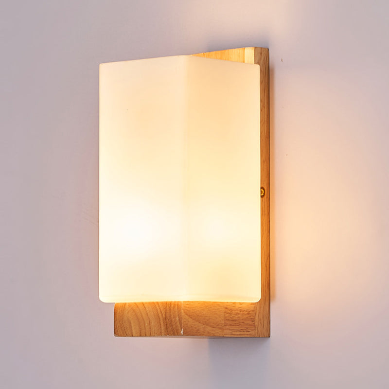 Traditional Japanese Rectangle Glass Wood Wall Sconce