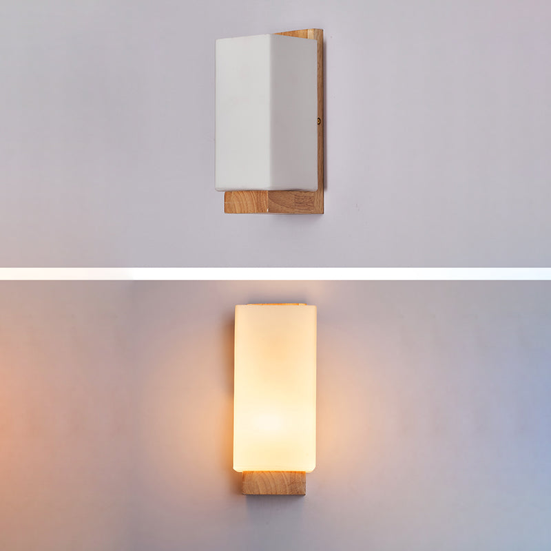 Traditional Japanese Rectangle Glass Wood Wall Sconce