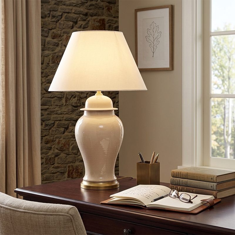 Traditional Rustic Ceramic Fabric Conic Vase Table Lamp