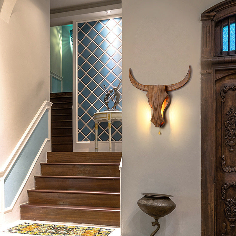Traditional Rustic Solid Wood Cow Head LED Wall Sconce