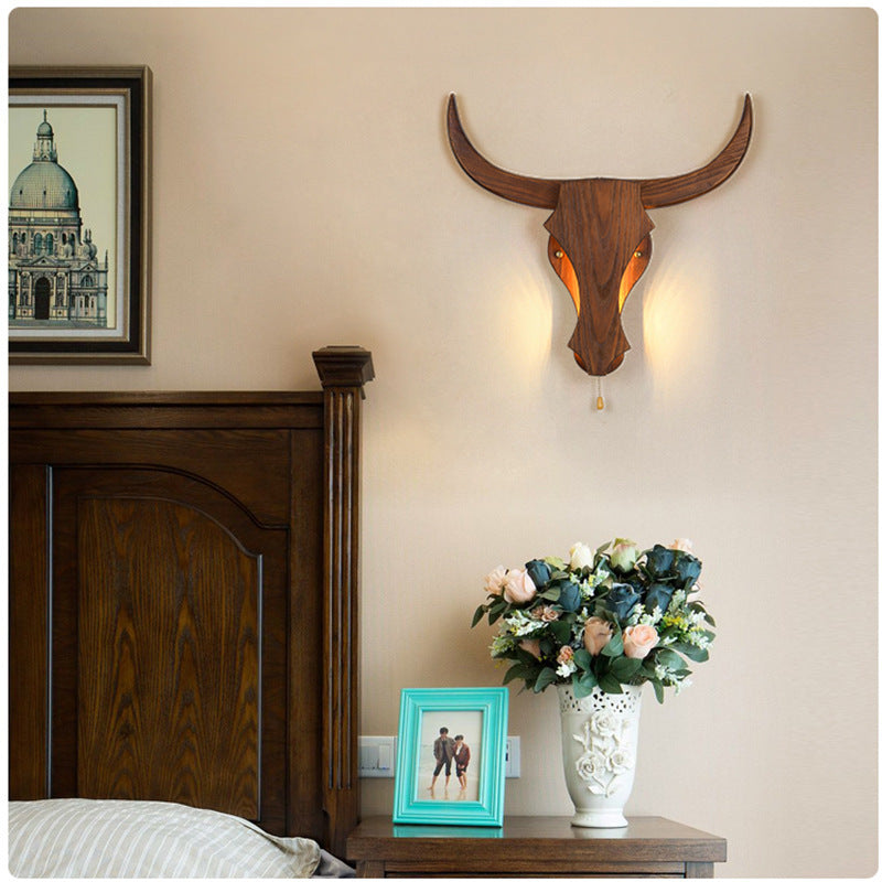 Traditional Rustic Solid Wood Cow Head LED Wall Sconce