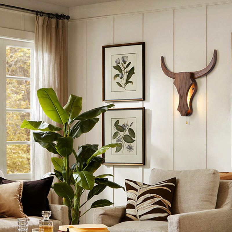 Traditional Rustic Solid Wood Cow Head LED Wall Sconce