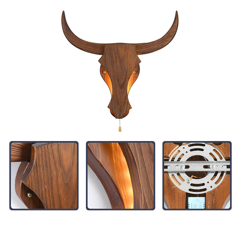 Traditional Rustic Solid Wood Cow Head LED Wall Sconce