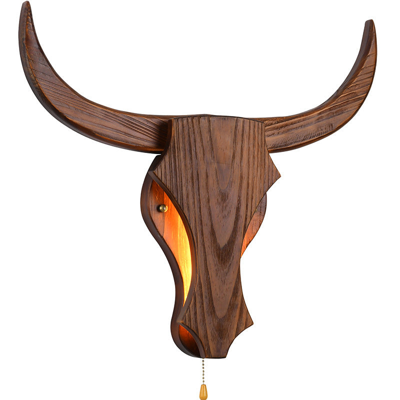 Traditional Rustic Solid Wood Cow Head LED Wall Sconce
