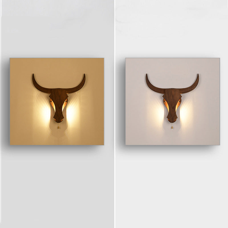 Traditional Rustic Solid Wood Cow Head LED Wall Sconce