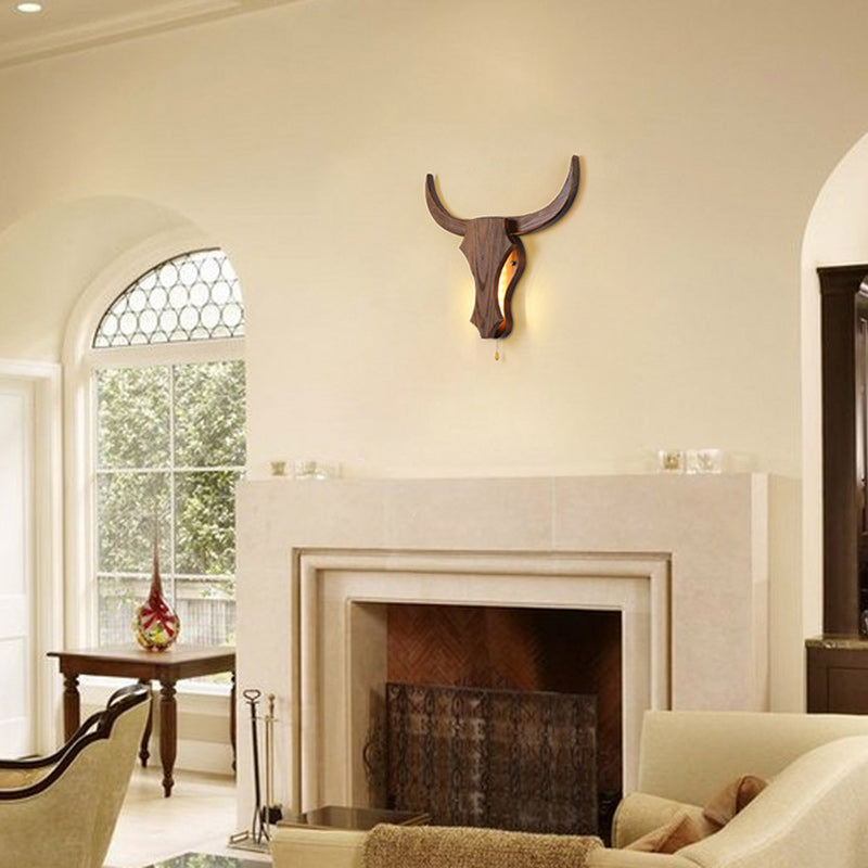 Traditional Rustic Solid Wood Cow Head LED Wall Sconce