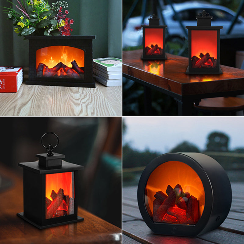 Retro ABS Simulated Flame Fireplace Round Battery Table Lamp