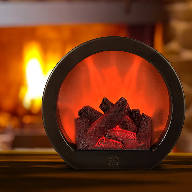 Retro ABS Simulated Flame Fireplace Round Battery Table Lamp