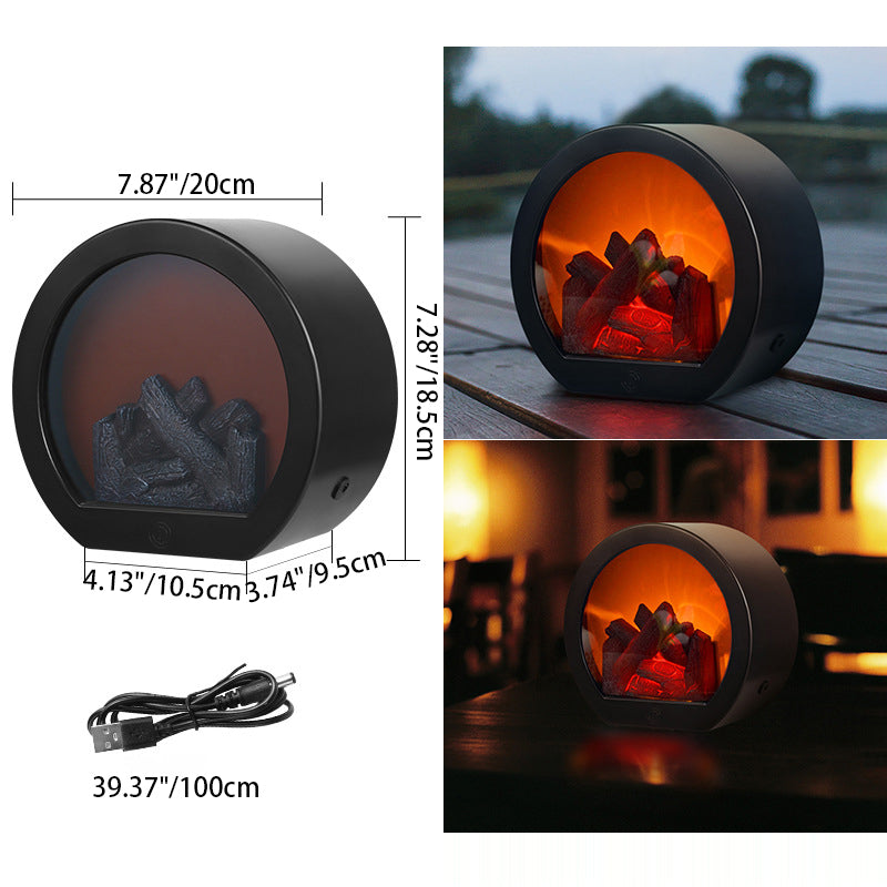 Retro ABS Simulated Flame Fireplace Round Battery Table Lamp