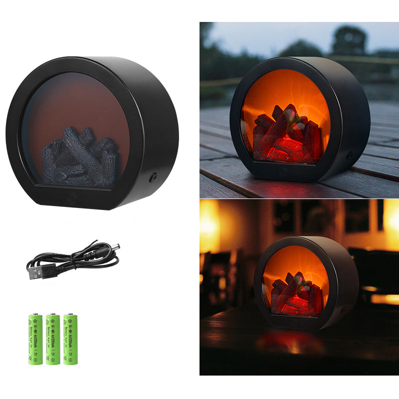 Retro ABS Simulated Flame Fireplace Round Battery Table Lamp