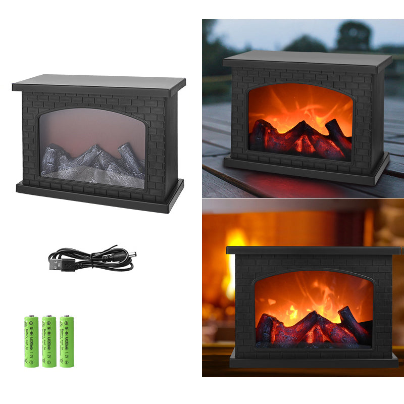 Retro ABS Simulated Flame Fireplace Round Battery Table Lamp