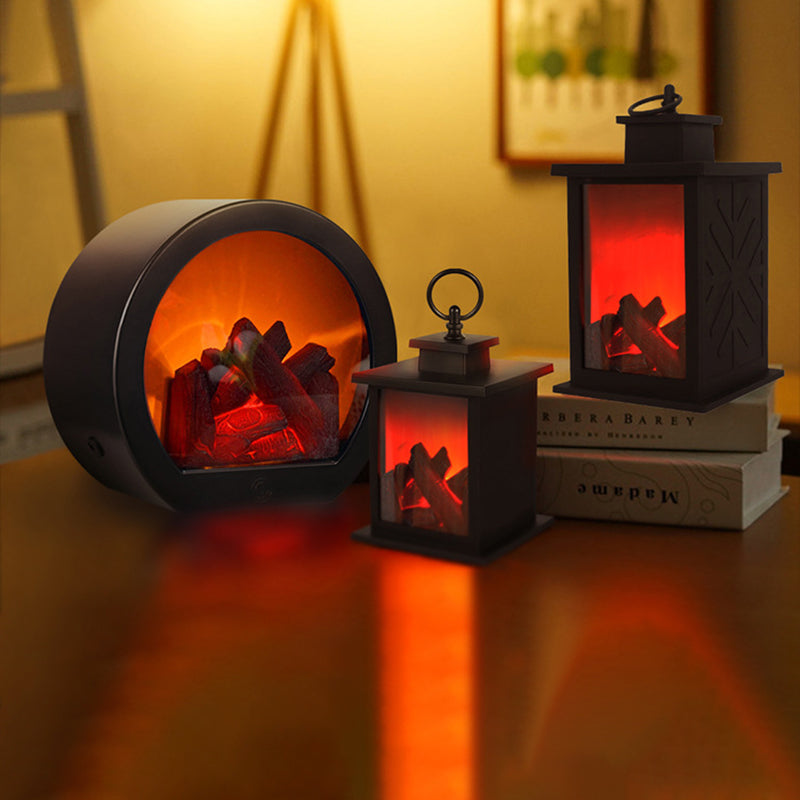 Retro ABS Simulated Flame Fireplace Round Battery Table Lamp