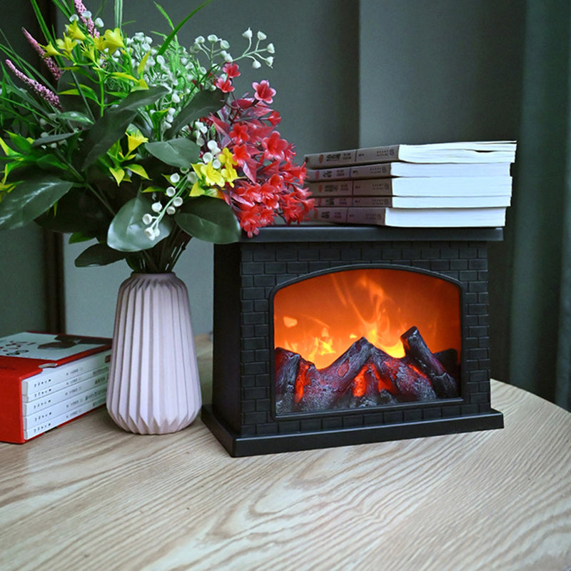 Retro ABS Simulated Flame Fireplace Round Battery Table Lamp