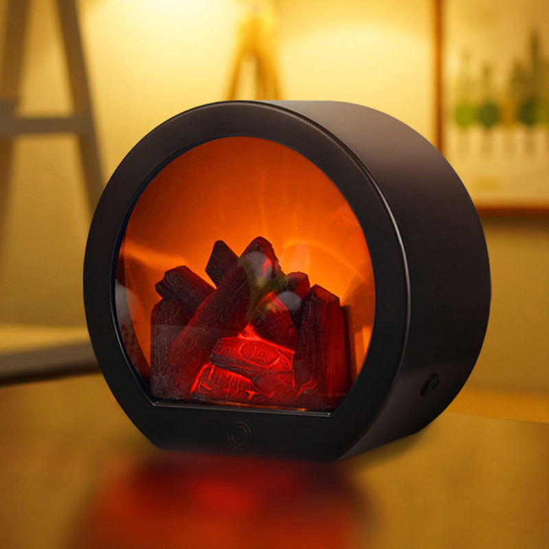 Retro ABS Simulated Flame Fireplace Round Battery Table Lamp
